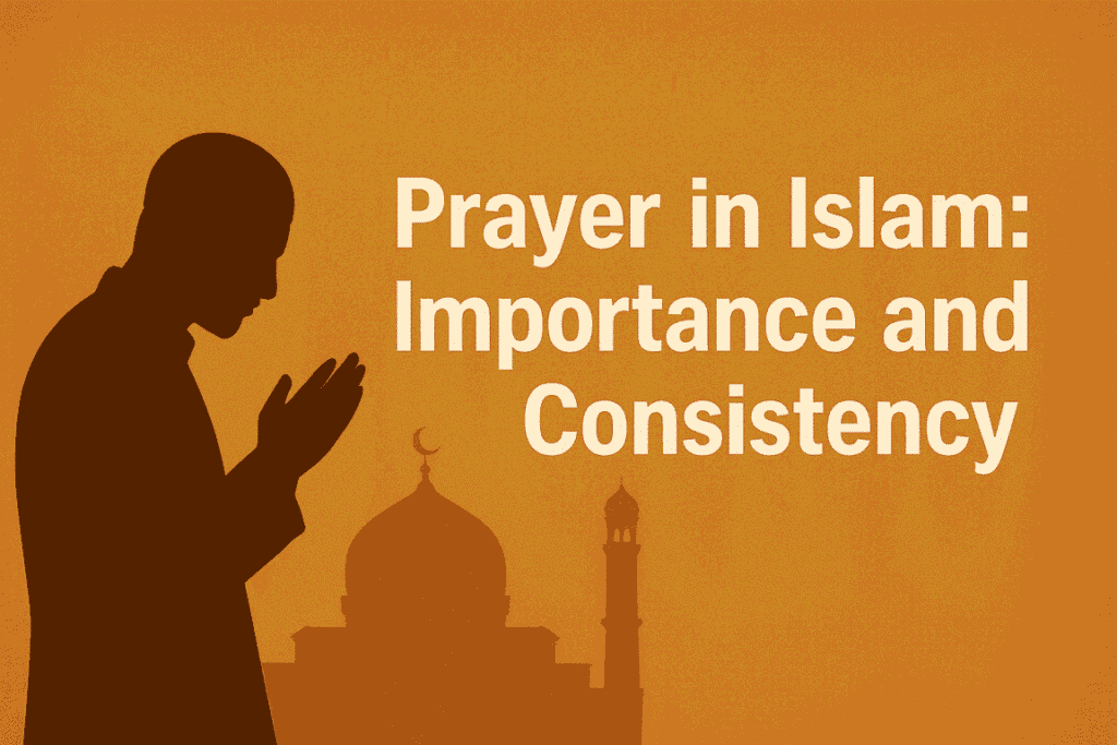 Silhouette praying with mosque background.